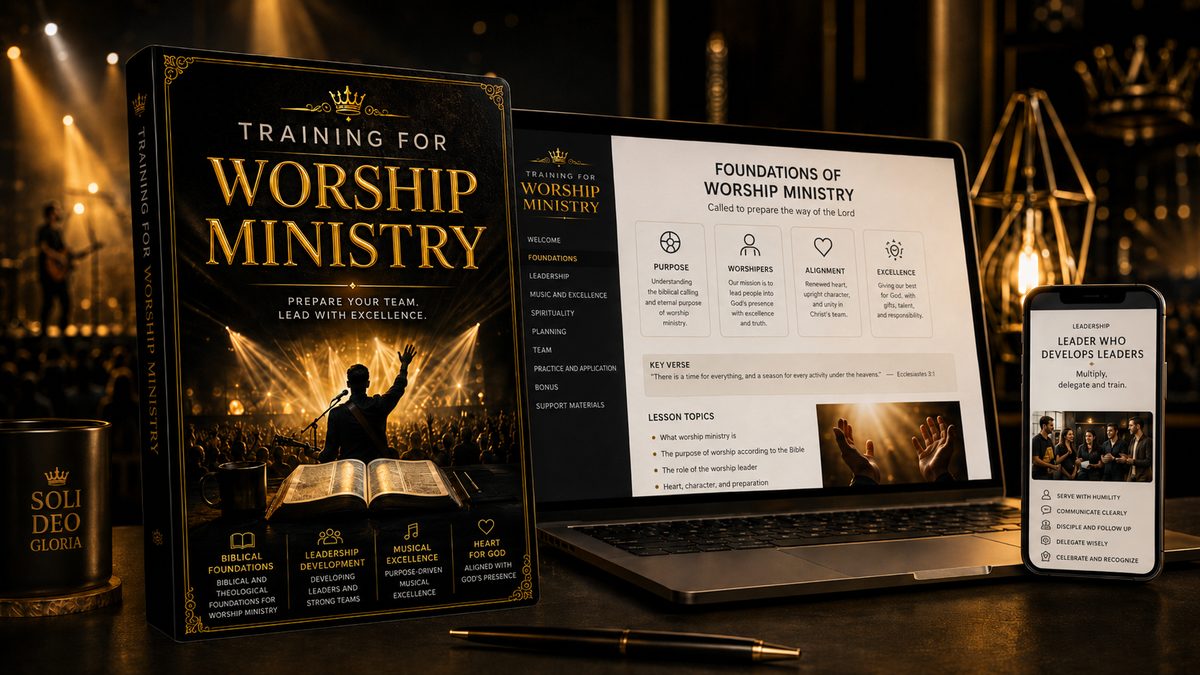 Mockup of Worship Ministry Training on a book, laptop, and phone
