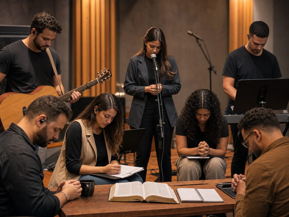 Image of Worship Ministry Training content with a team gathered for rehearsal and prayer