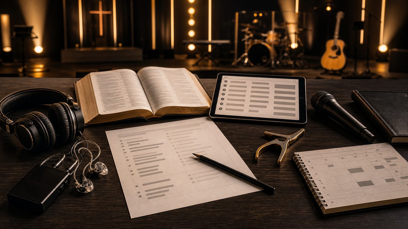Visual showcase with a Bible, microphone, headphones, and worship organization materials