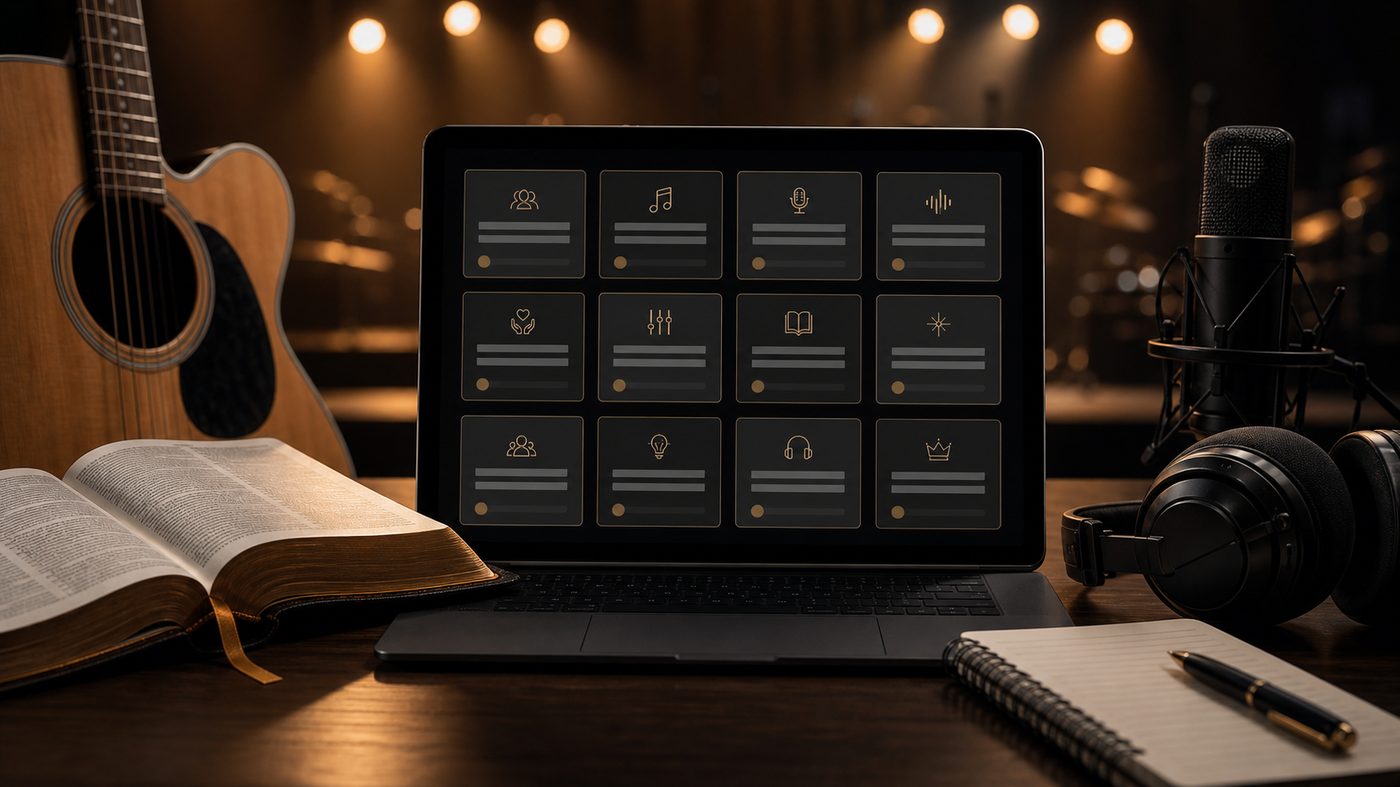 Visual of the twelve Worship Ministry Training modules on a digital screen